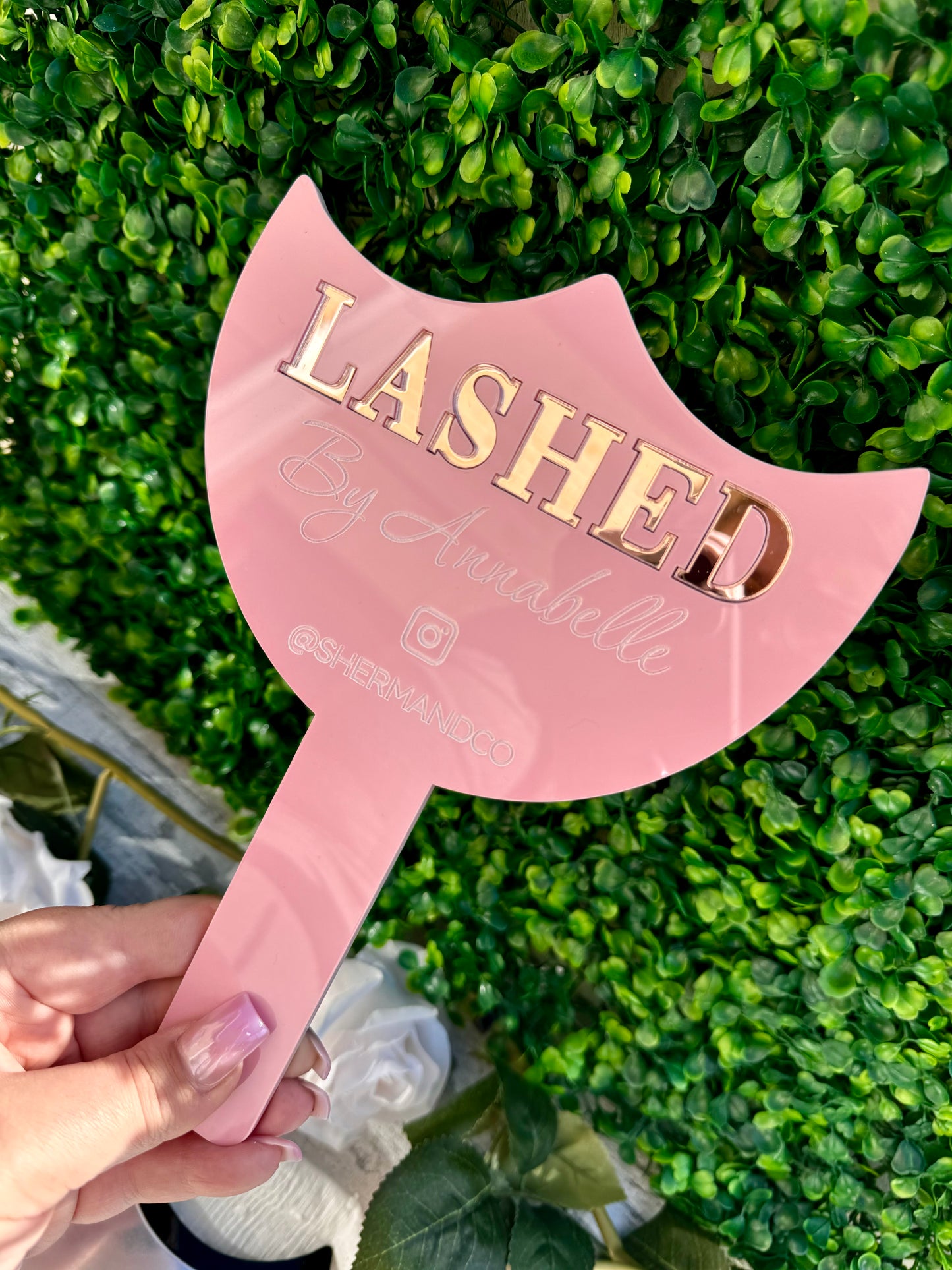 Eyelash technician photo prop and personalised handheld mirror